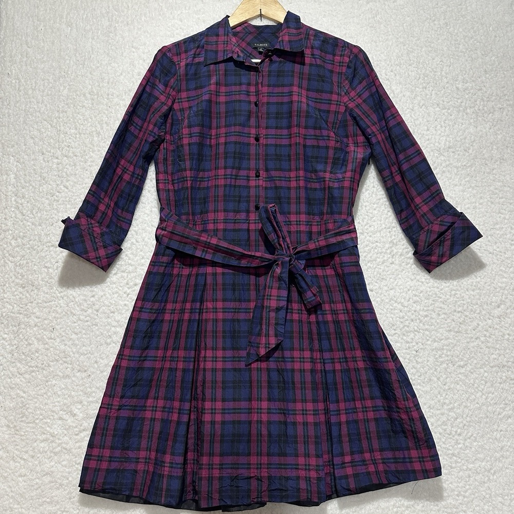 Talbots Womens Purple Navy Plaid Silk Blend Career Dress w/ Cufflinks Size 8